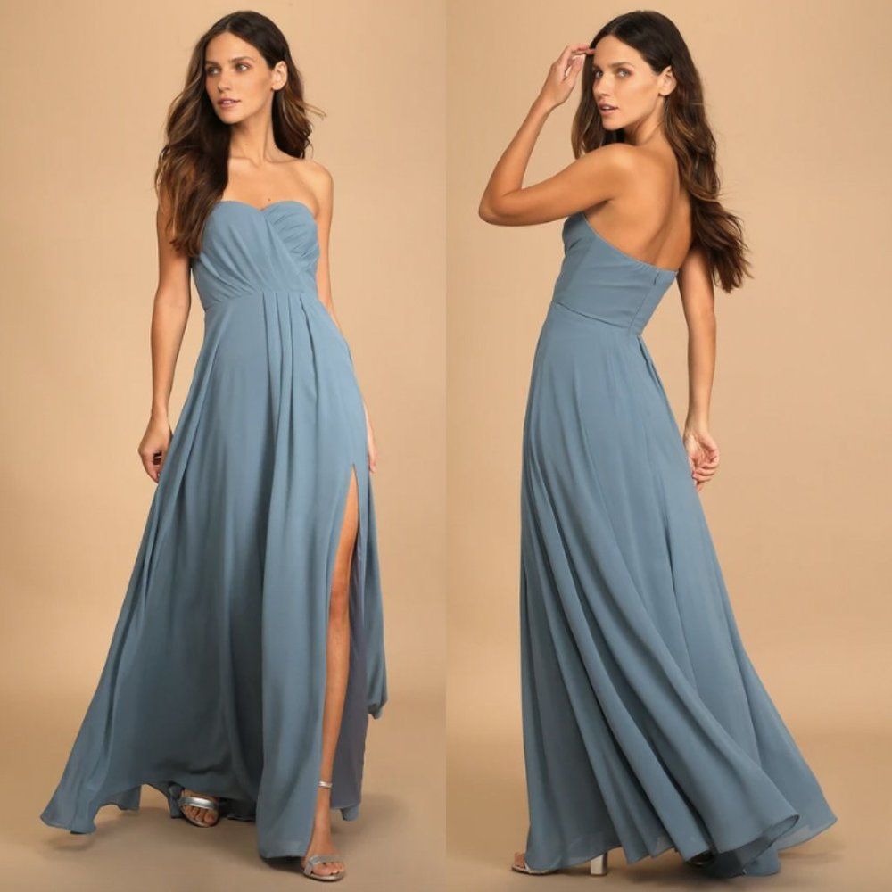 NWT Lulus slate light blue Sweetest Ceremony strapless sweetheart maxi dress